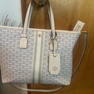 Tory Burch Gray Tote Bag with Structured Design and Leather Trim